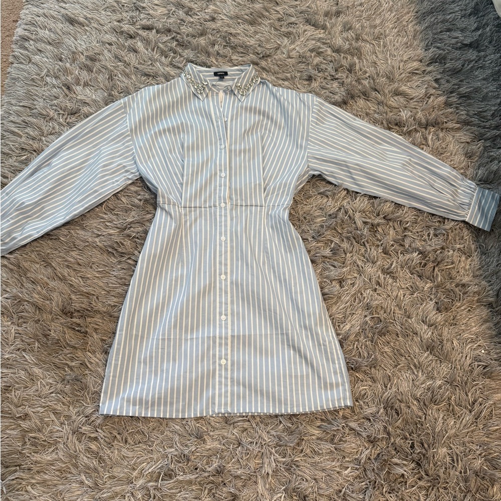 Express Light Blue and White Striped Embellished Collar dress